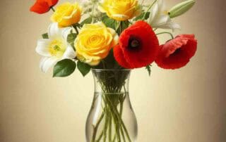 Summer Flowers of yellow roses, poppies and lilies